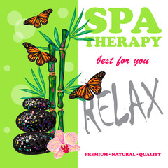 Spa therapy banner. Nature Friendly. Template vector card. SPA procedure. Vector hand drawn elements bamboo, massage stone and orchids