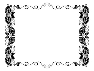 Vintage horizontal floral frame with roses silhouette. Black and white vector design element for advertisements, flyer, web, wedding and other invitations or greeting cards.