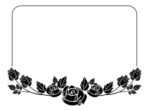 Vintage horizontal floral frame with roses silhouette. Black and white vector design element for advertisements, flyer, web, wedding and other invitations or greeting cards.