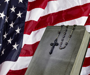 Bible and Rosary and USA Flag faith religion concept