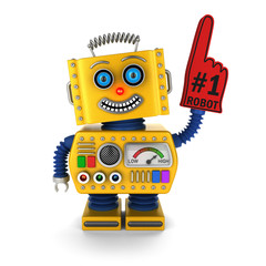 Happy yellow toy robot with foam finger celecrating its victory