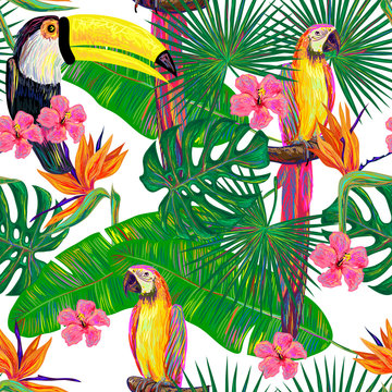 Seamless jungle pattern with toucan and parrot exotic bird, palm leave, tropical hibiscus flower vector background. Perfect for wallpapers, pattern fills, web page, surface textures, textile