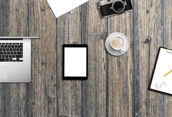 Office desk business top view mock up image. Wooden background