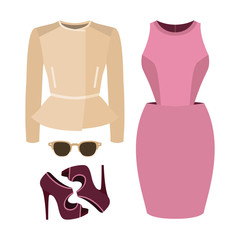 Set of trendy women's clothes with dress, coat and accessories. Vector illustration