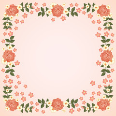 Romantic floral frame with roses and leaves.