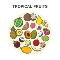Tropical fruits in a circle composition in pastel colors.
