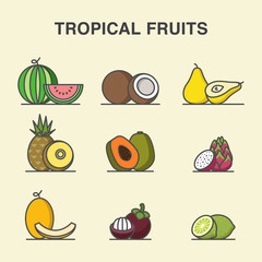 Tropical fruits vector icons in pastel colors.