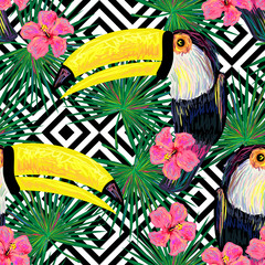 Seamless jungle pattern with toucan exotic bird, palm leaves, tropical hibiscus flower vector background. Perfect for wallpapers, pattern fills, web page backgrounds, surface textures, textile - obrazy, fototapety, plakaty