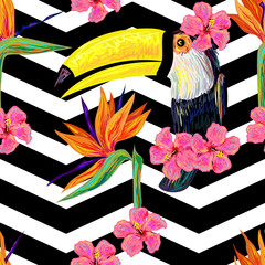 Seamless jungle pattern with toucan exotic bird, tropical hibiscus flower vector background. Perfect for wallpapers, pattern fills, web page backgrounds, surface textures, textile © Katsiaryna Hatsak