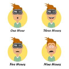 Cartoon man in virtual reality headset. Gaming cyber technologies concept. VR technology glasses flat icon.