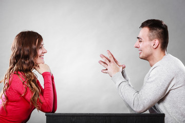 Happy couple talking on date. Conversation.
