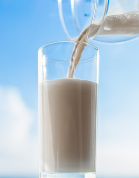 Glass of milk against a natural background. 