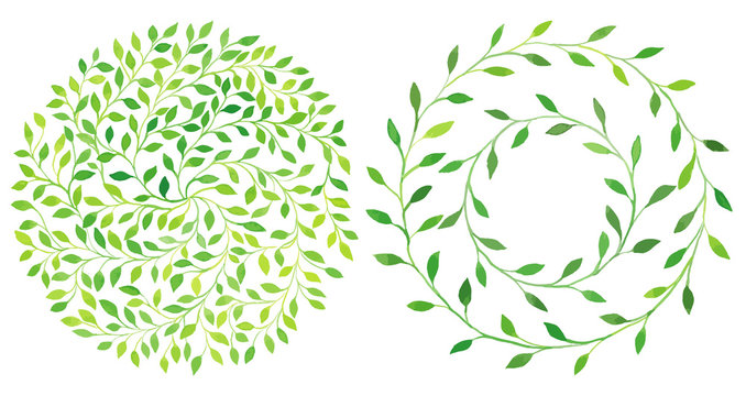Watercolor circle laurel leaves emblem, wreath of leaves set.