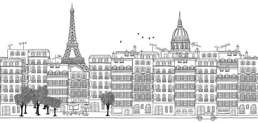 Seamless banner of Paris skyline, hand drawn black and white illustration