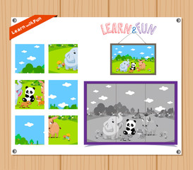 Cartoon Illustration of Education Jigsaw Puzzle Game for Preschool Children with Farm Animals