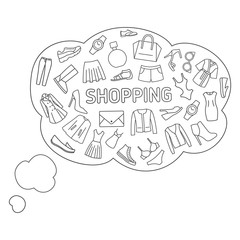 Thoughts about shopping. Thought bubbles about shopping, clothes, shoes, accessories. Line icons on a white background