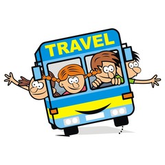 blue bus and children, vector icon