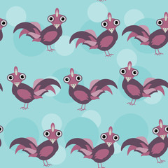 Funny lilac rooster on a blue background seamless pattern. vector