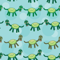 Funny green dragon on a blue background seamless pattern. vector