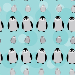 Funny Penguins on blue background seamless pattern. vector