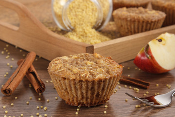 Fresh muffins with millet groats, cinnamon and apple baked with wholemeal flour, delicious healthy dessert