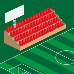 last supporter hold the banner in football stadium red seats