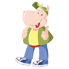 Funny Hippo in work clothes and a baseball cap. Courier, student, worker.