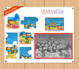 Cartoon Illustration of Education Jigsaw Puzzle Game for Preschool Children with underwater world