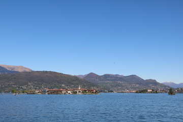 Lago Maggiore and the Borromean islands under a blue sky, Piedmont Italy
