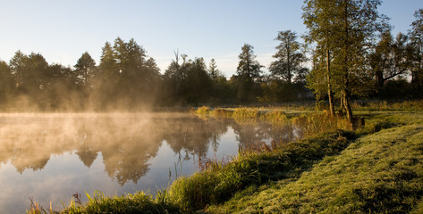 Fototapeta premium Golden morning fog over pond