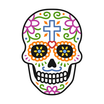 Decorated skull / calavera celebrating Day of the Dead line colorful art icon / illustration
