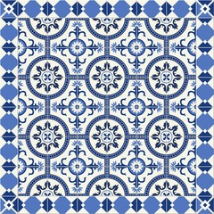 Gorgeous seamless  pattern from  blue  and white floral Turkish, Moroccan, Portuguese  Azulejo tiles and border, ornaments.  Islamic Art.