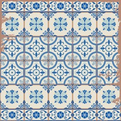 Vintage seamless  pattern from grunge Moroccan, Portuguese, Azulejo tiles and border, retro ornaments. Template for interior design.  Grunge effects can be removed.