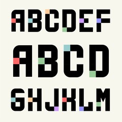 Set 1 Templates capital letters of black blocks with color inserts. Pixel Alphabet. For emblems, logos and monograms