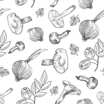 Hand drawn sketch vegetables, Vector pattern mushrooms, olive, pepper, onion isolated on white, Ideal for use in organic food industry, healthy green food market, vegetarian restaurant menu