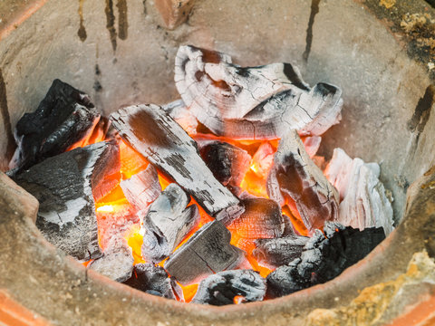 Close up burning charcoal