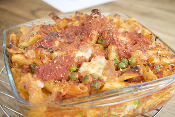 baked pasta with mozzarella and various ingredients