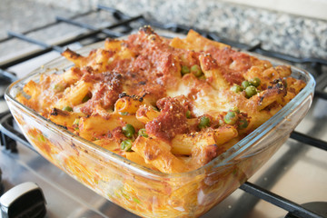 baked pasta with mozzarella and various ingredients