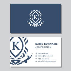 Business card template with abstract monogram design elements. Modern elegant emblem letter K. Creative modern graceful background. Vector illustration