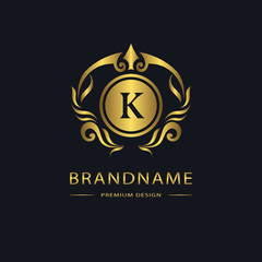 Luxury Vintage logo. Business sign, label. Gold Letter emblem K for badge, crest, Restaurant, Royalty, Boutique brand, Hotel, Heraldic, Jewelery, Fashion, Real estate, Resort, tattoo, Auctions. Vector