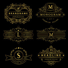 Monogram design elements, graceful template. Calligraphic elegant line art logo design. Gold Letter emblem sign B, M, L, S for Royalty, business card, Boutique, Hotel, Restaurant, Cafe. Vector
