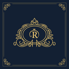 Monogram design elements, graceful template. Elegant line art logo design. Letter R. Business sign, identity for Restaurant, Royalty, Boutique, Cafe, Hotel, Heraldic, Jewelry, Fashion, Wine. Vector 