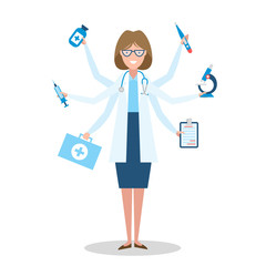 Multitasking female doctor with six hands standing on white background.