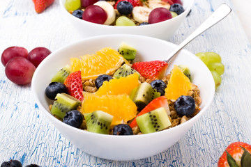Muesli, fruit, berries in a bowl on an