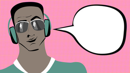 Pop art brunette swarthy man in headphones with speech bubble.