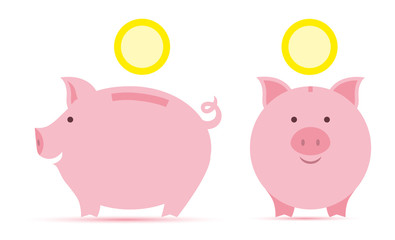 Pink piggy bank with falling golden coins in two perspectives.