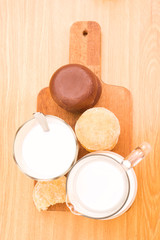 overhead breakfast; pastries filled with cream and chocolate