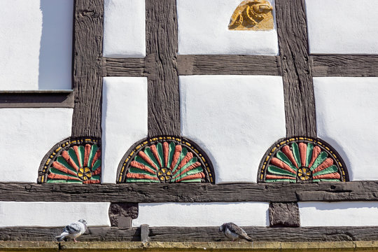 Detail eines Fachwerkhauses am Klosterplatz in Bielefeld, Nordrhein-Westfalen