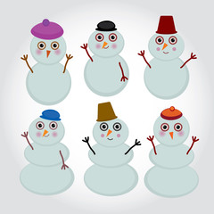 Set of cute cartoon snowmen for winter design. vector