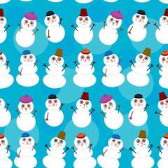 Seamless pattern cute cartoon snowmen on blue background for winter design. vector